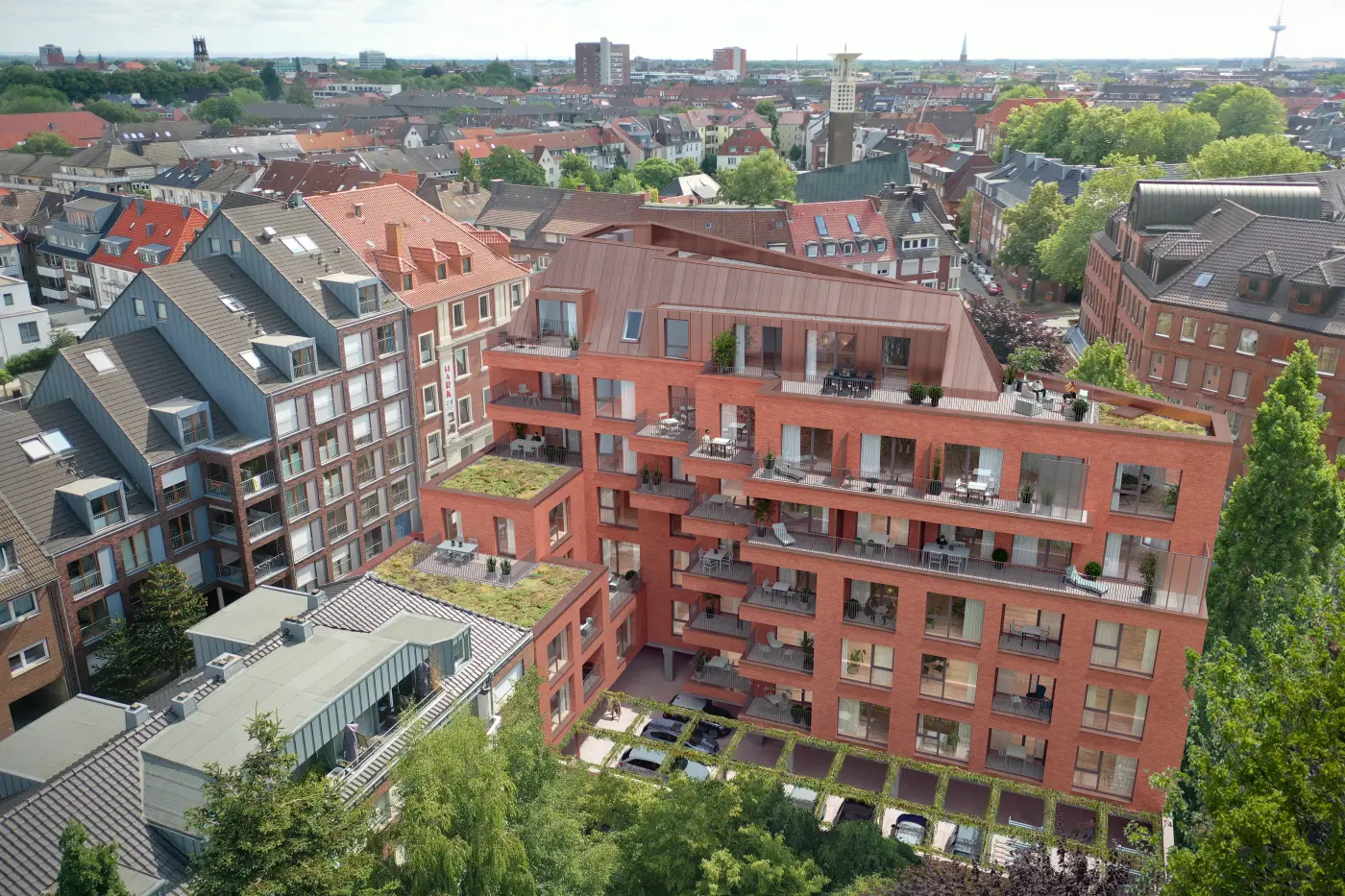 Isometrische Zeichnung eines Bauprojekts mit mehreren Gebäuden und markierten Strukturen in Rot