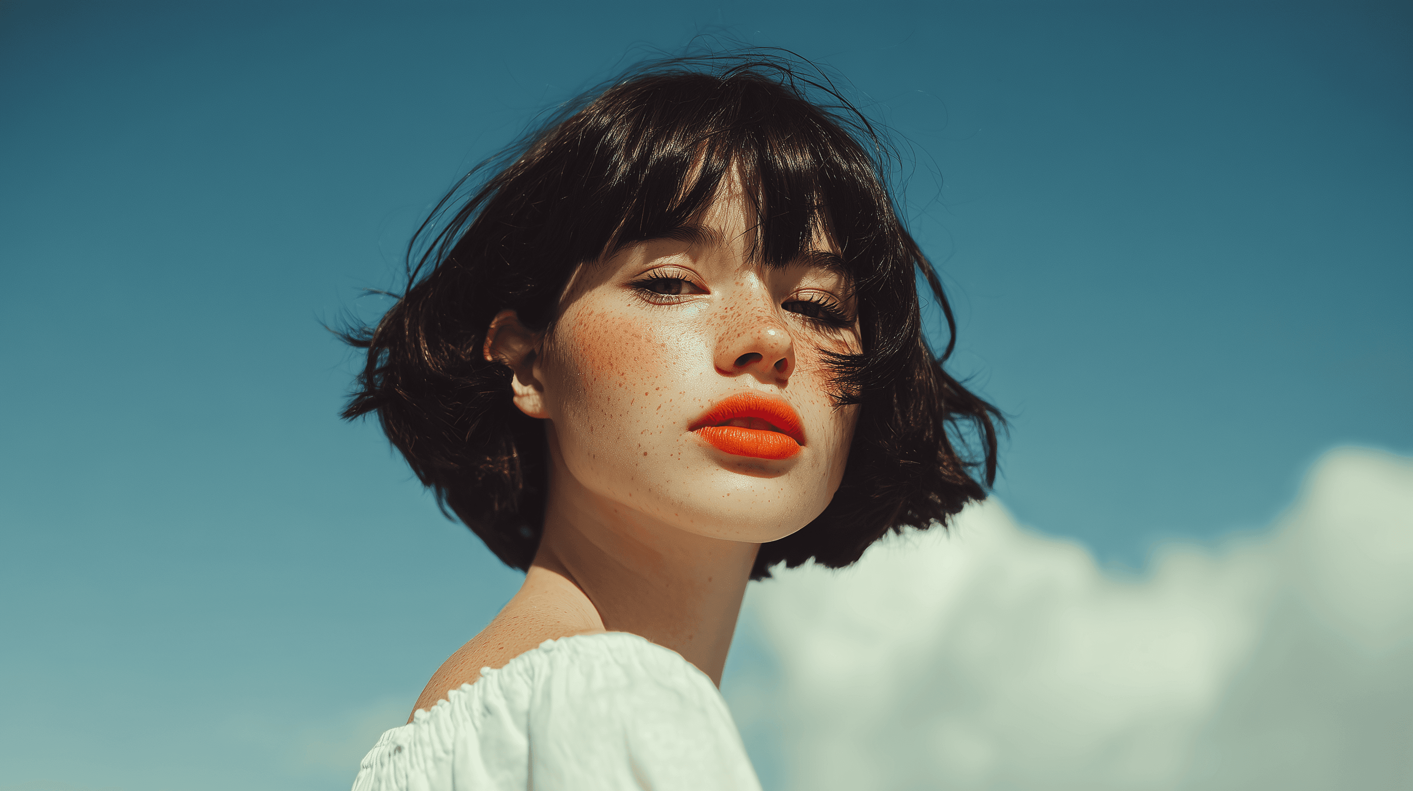 Close-up portrait of a young woman with short dark hair, bright red lipstick, and natural freckles, standing against a clear blue sky, representing Sleeklabs' bold and modern creative design aesthetic.