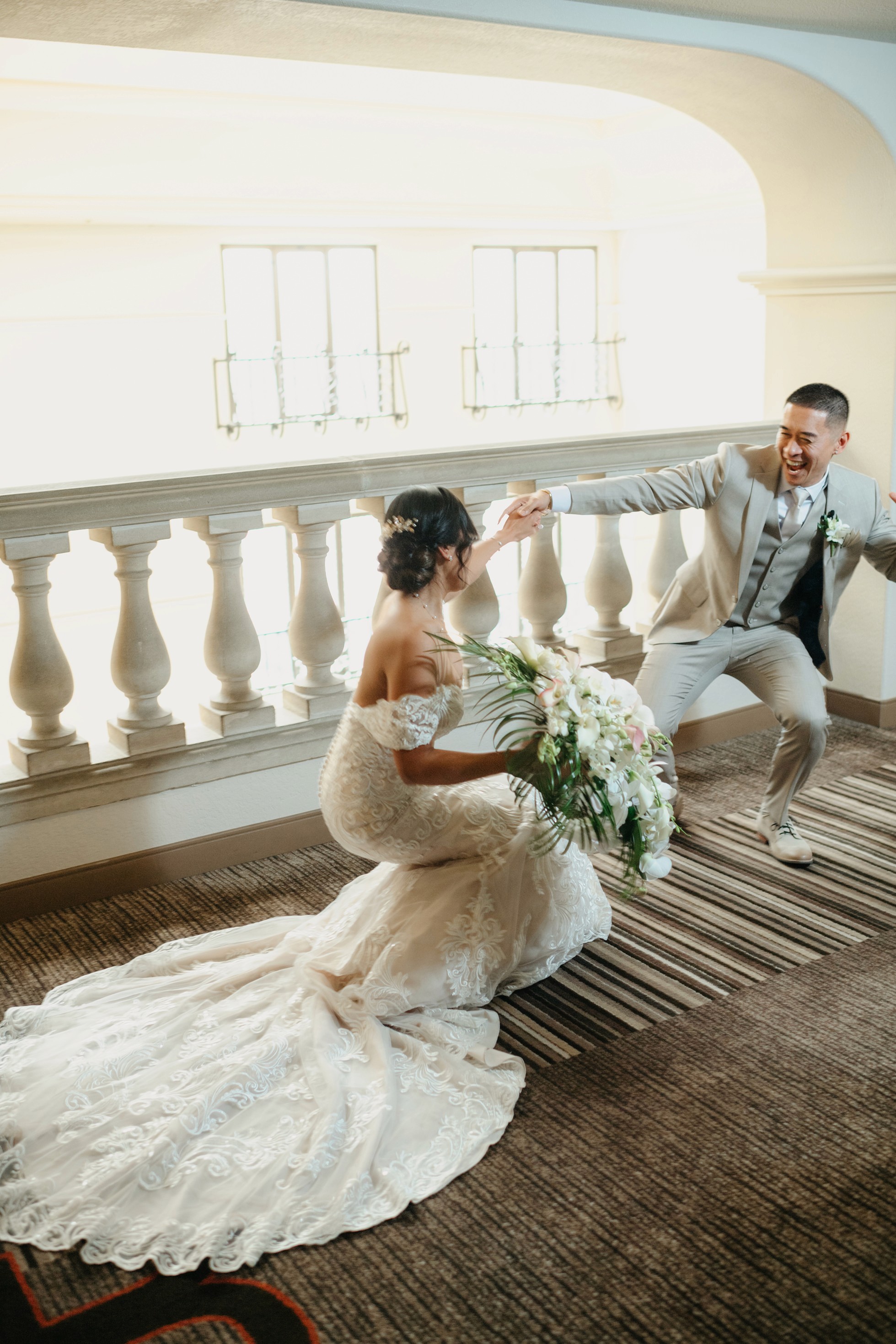 Bride and groom balcony portraits at a Westlake Village hotel