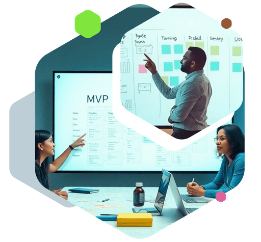 A diverse group of people engaged in a business meeting, two seated at a table with laptops and documents, and one standing, pointing at charts on a large screen, emphasizing collaboration and strategy planning in a modern office setting.