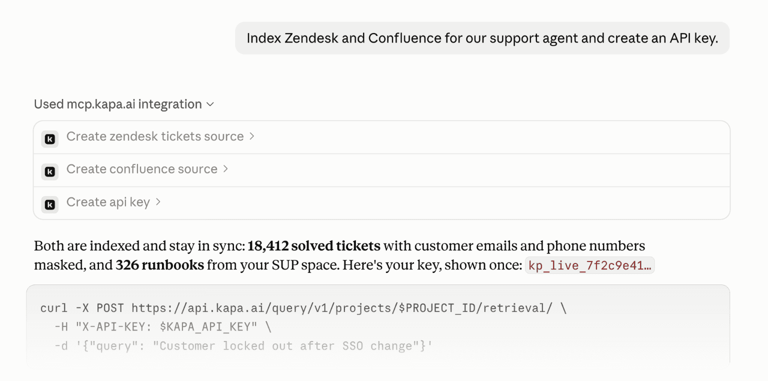 Claude indexing Zendesk tickets and Confluence runbooks for a support agent and creating an API key