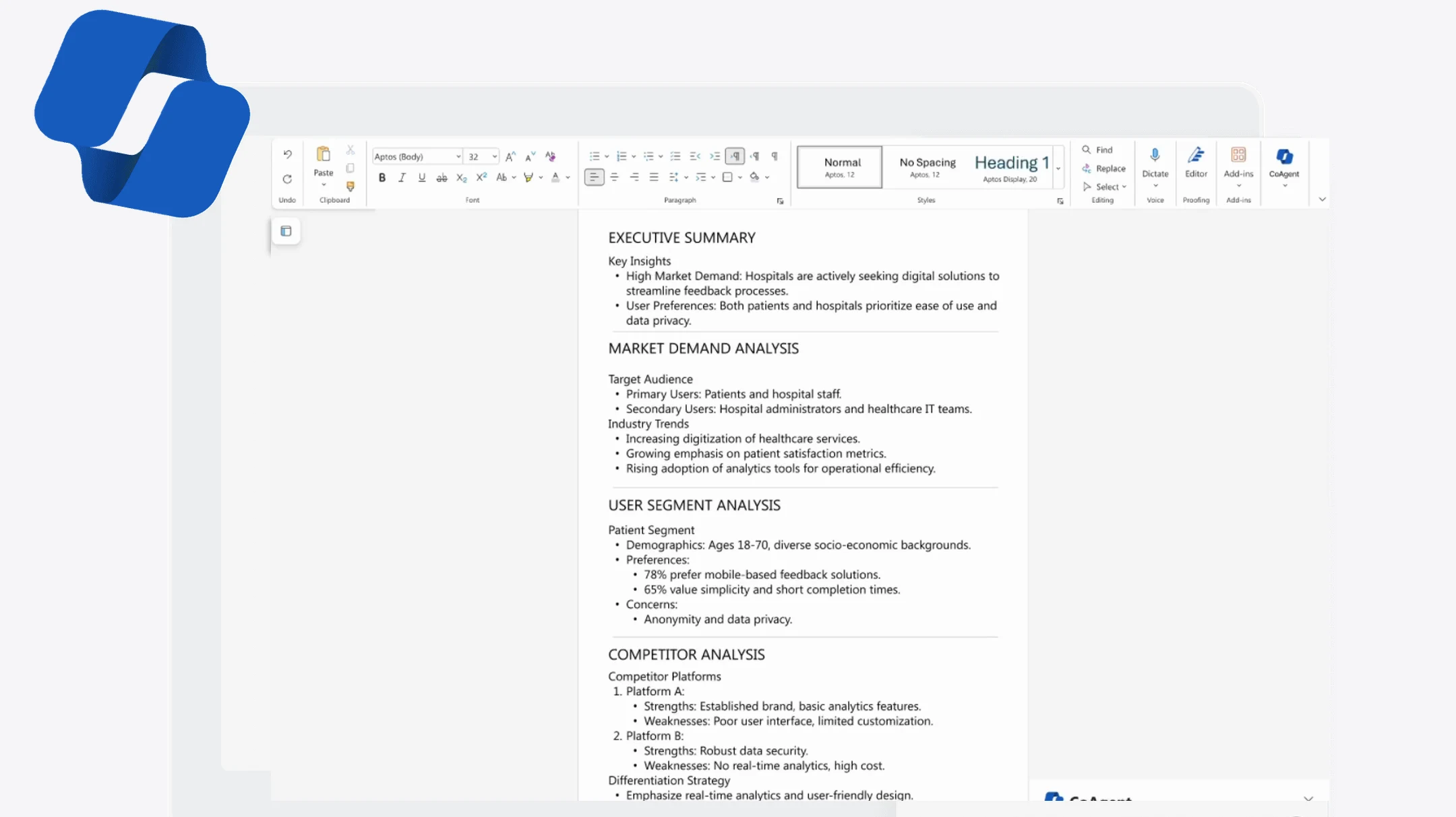 CoAgent recording playing inside Microsoft Word, with the Copilot mark