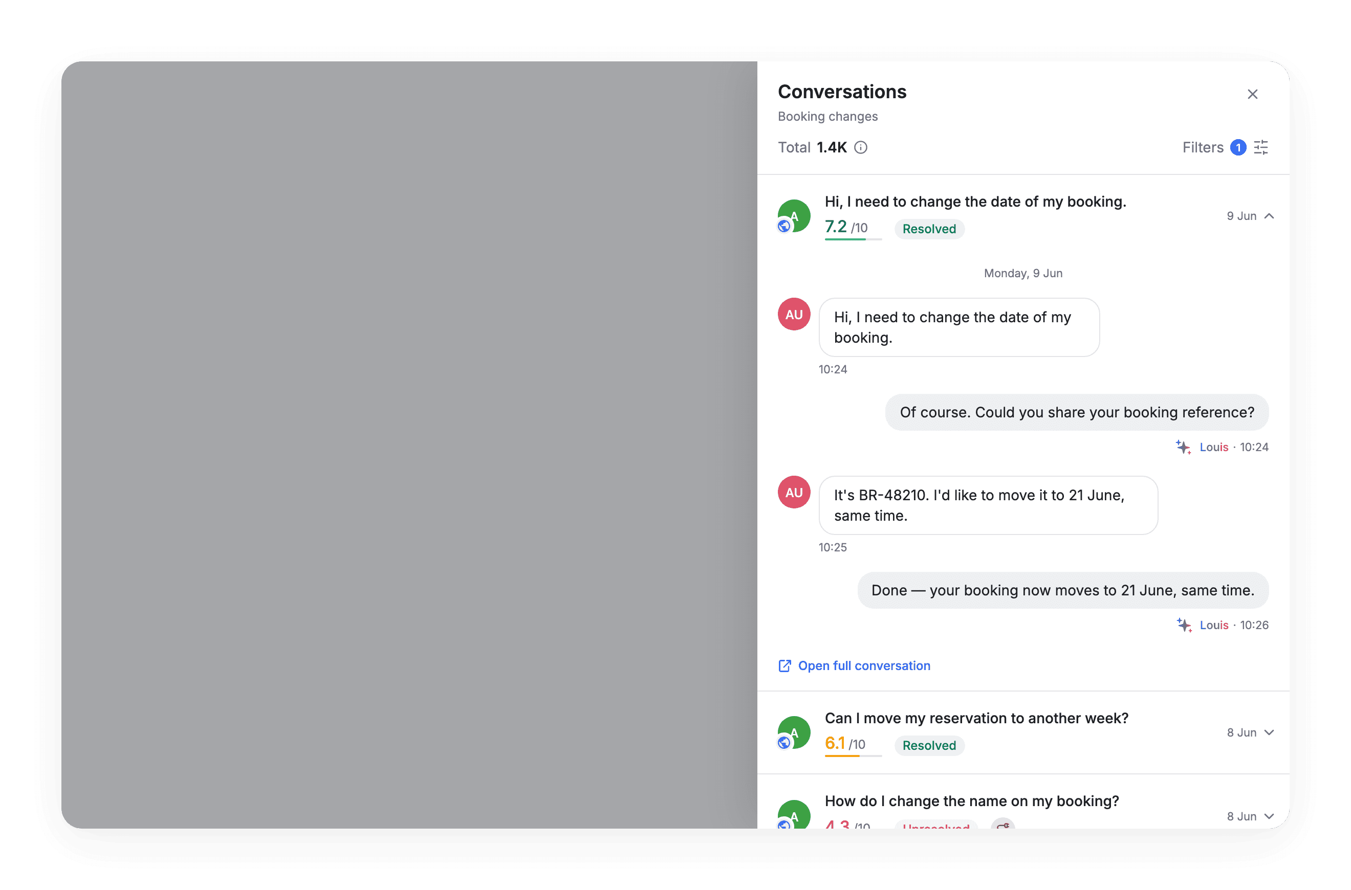 Panneau Conversations : chaque conversation porte son verdict (Resolved / Unresolved) et son CX Score