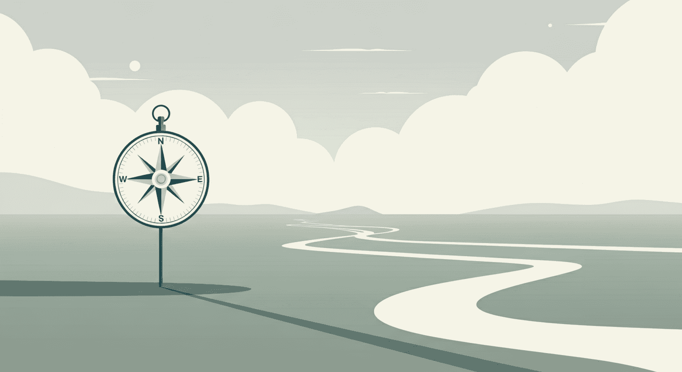 A compass standing alone on a calm open plain, its needle branching into five radiating paths. A metaphor for finding the right direction in home health care.