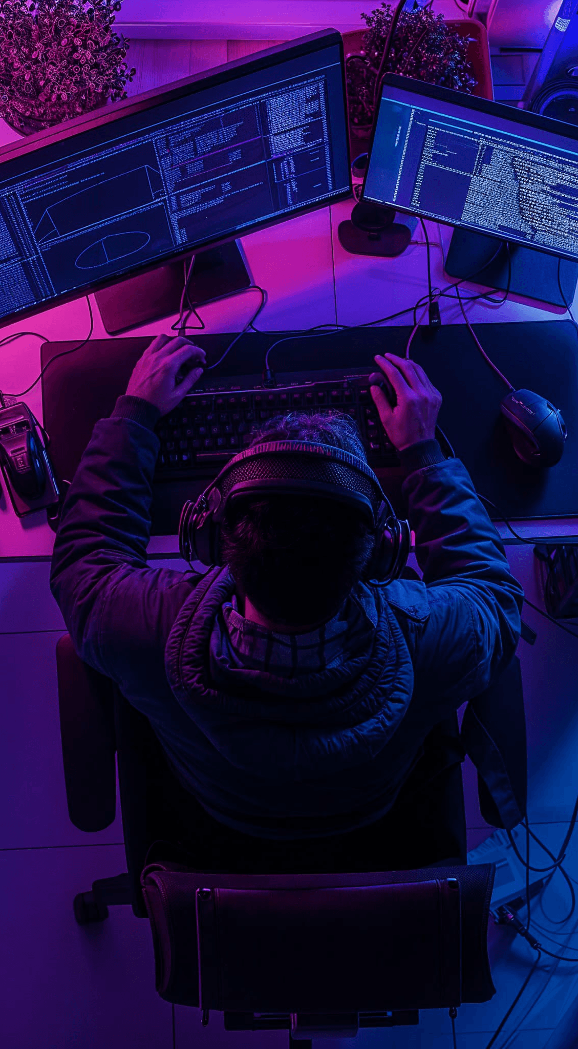 a person wearing an headset sitting infront of a pc