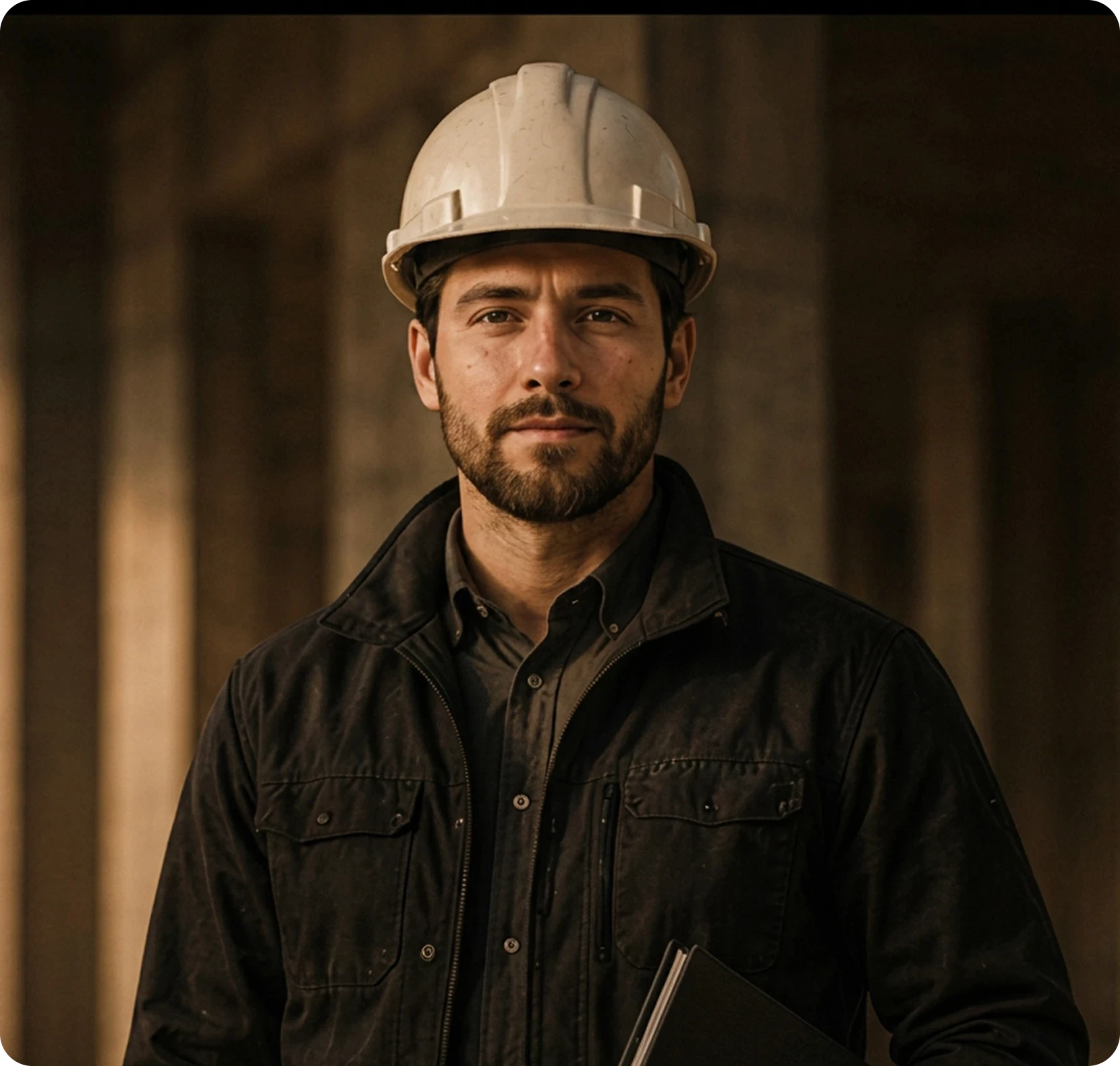 Bearded man in dark jacket posing in modern architectural space.
