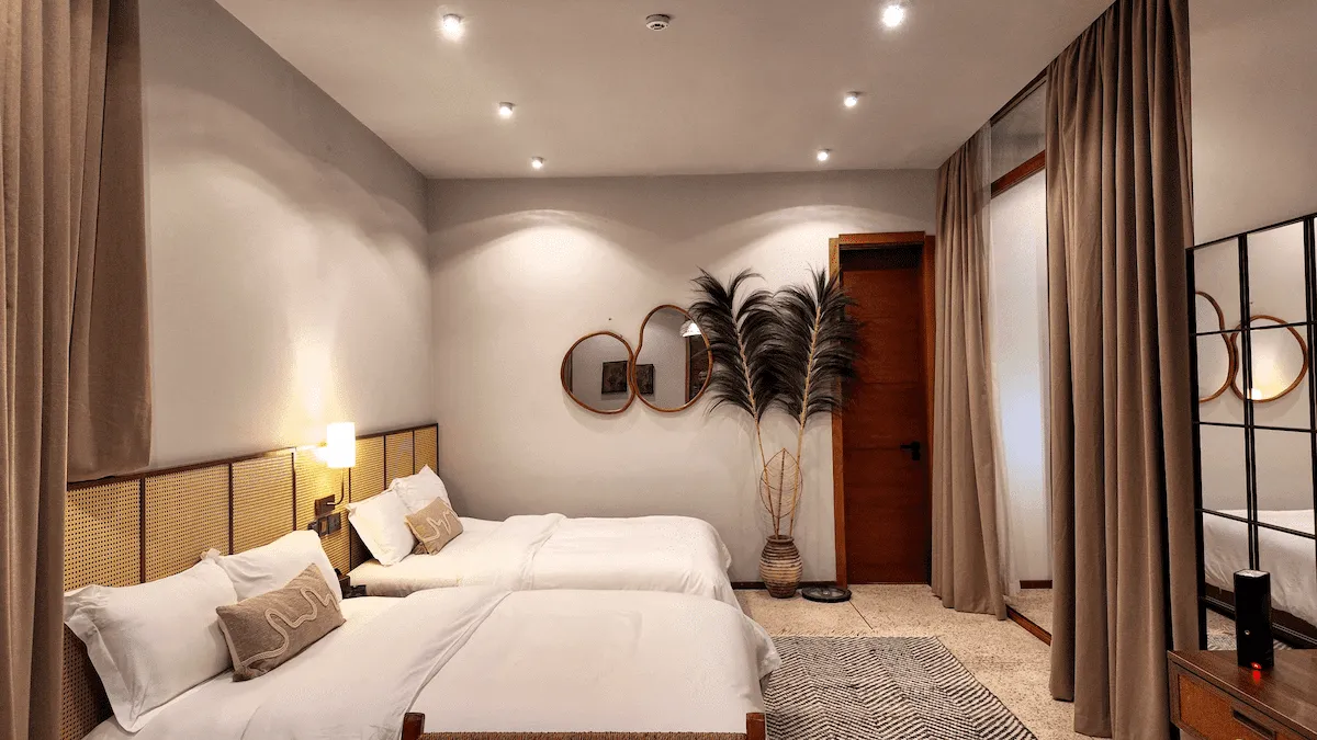 wide shot of double beds 