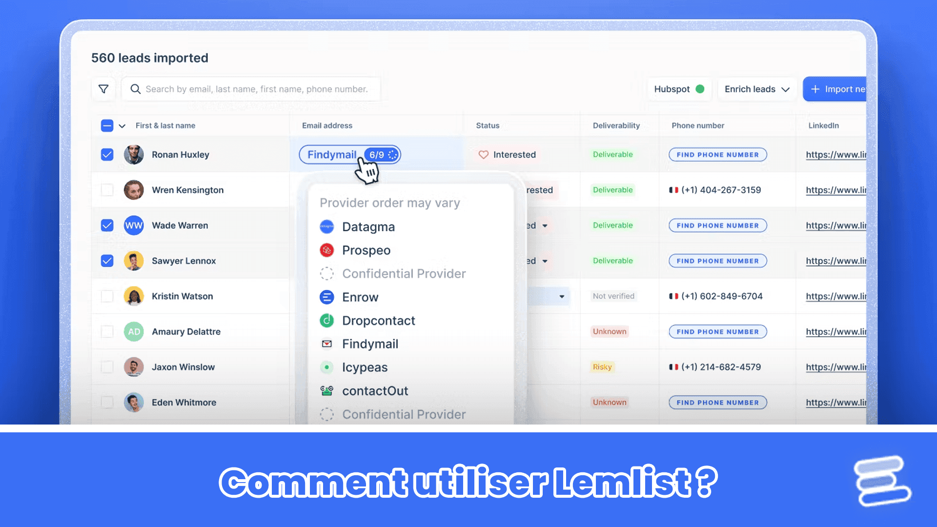 Import de 560 contacts dans Lemlist : la recherche d'email interroge plusieurs fournisseurs à la suite, dont Datagma, Prospeo, Dropcontact, Findymail et Icypeas