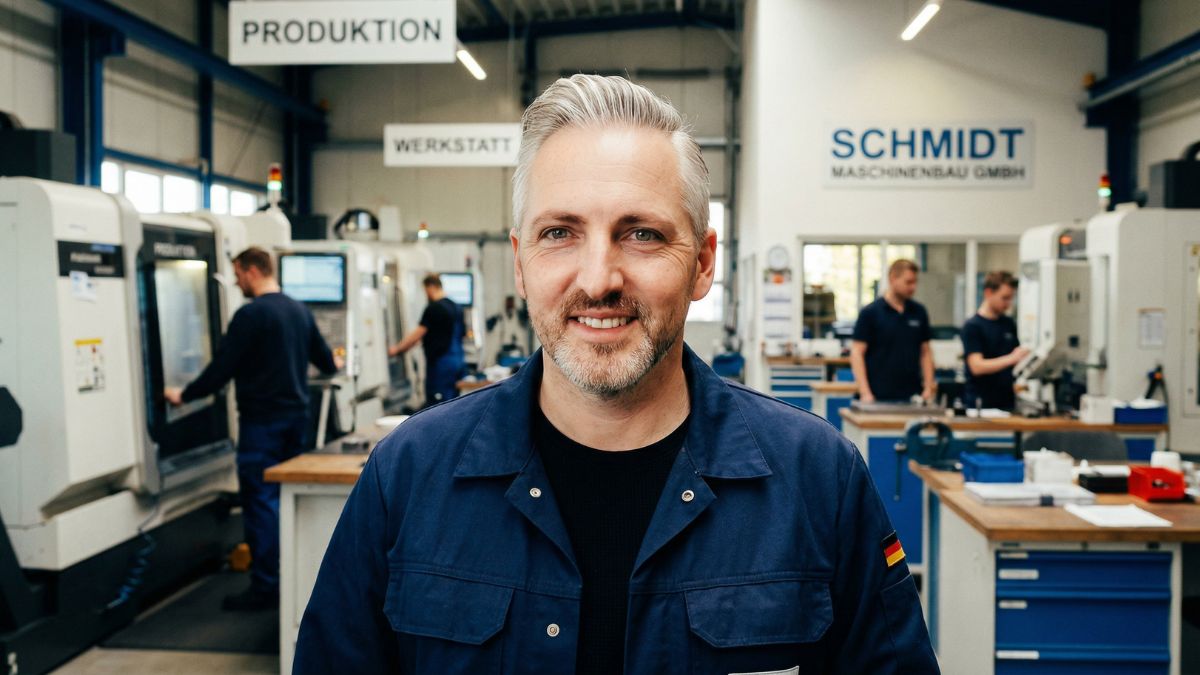 Hannes Weidnorf steht in einer Produktionshalle und berichtet über Gesundheitsförderung am Arbeitsplatz