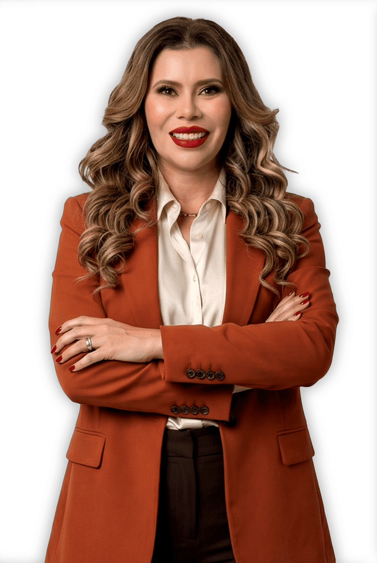 Auguy Mangone, immigration attorney in New Jersey, standing in front of her law firm's awards