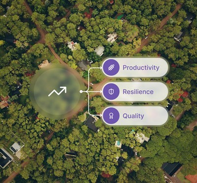 Aerial forest view with an icon and labels for Productivity, Resilience, and Quality, illustrating value creation in land management.