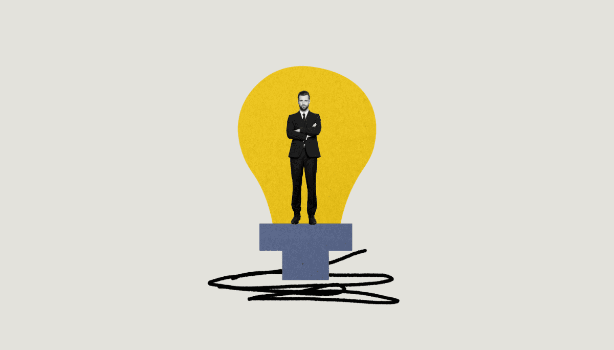 Illustration of a businessperson standing confidently on a block with a large lightbulb behind them.
