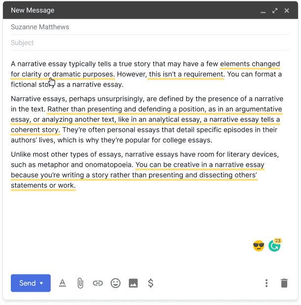 Email with yellow underlines and 23 premium suggestions indicated at the bottom right corner.