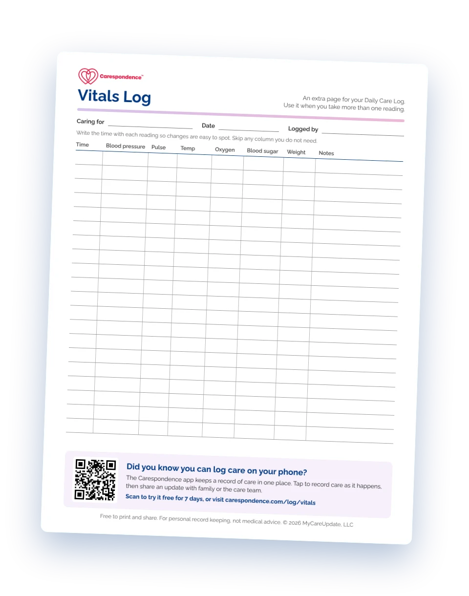Preview of the Carespondence printable vitals log, with columns for time, blood pressure, pulse, temperature, oxygen, blood sugar, weight, and notes.