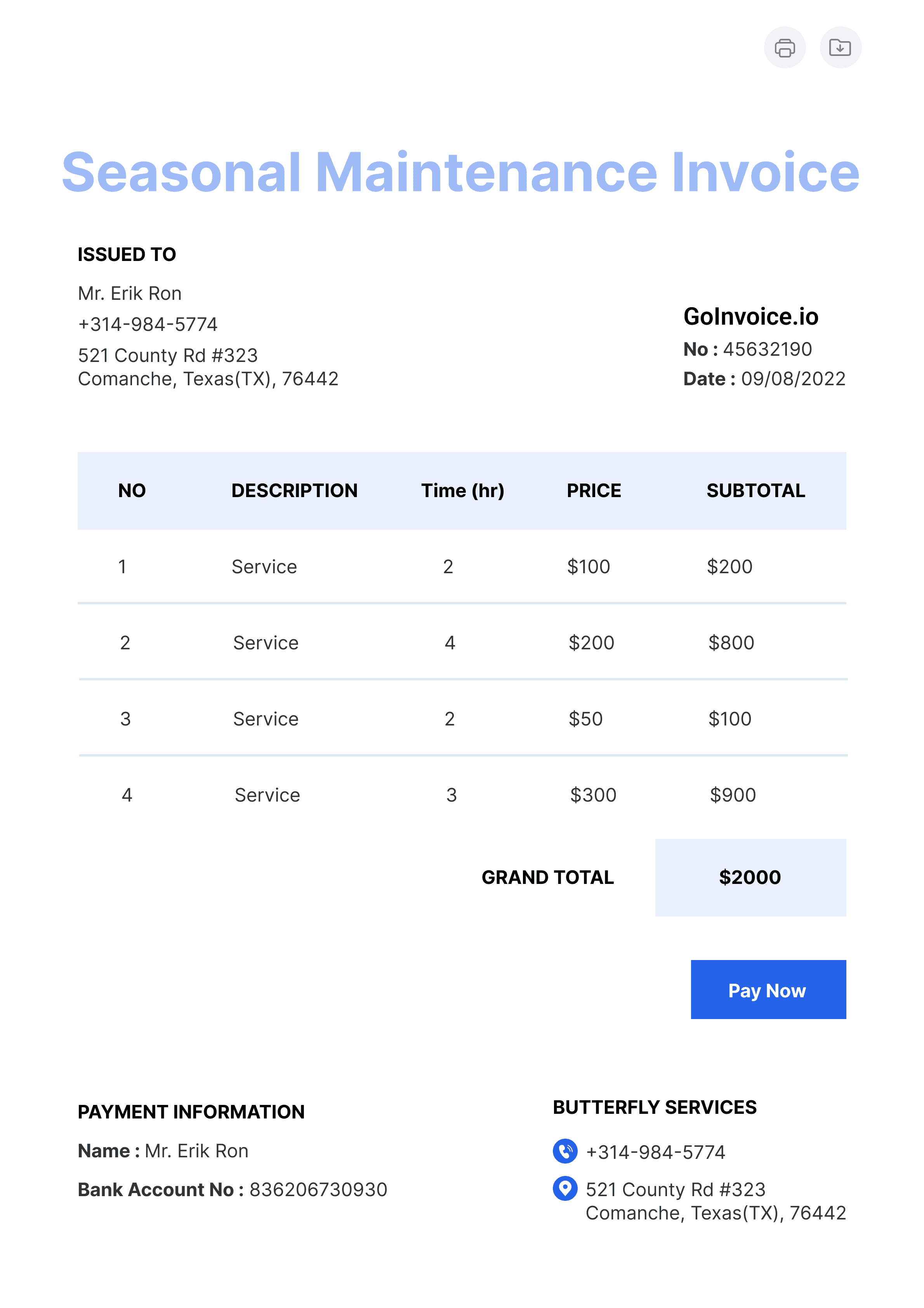 Seasonal Maintenance Invoice