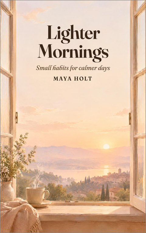 Self-help ebook cover template: Lighter Mornings, a sunrise through an open window
