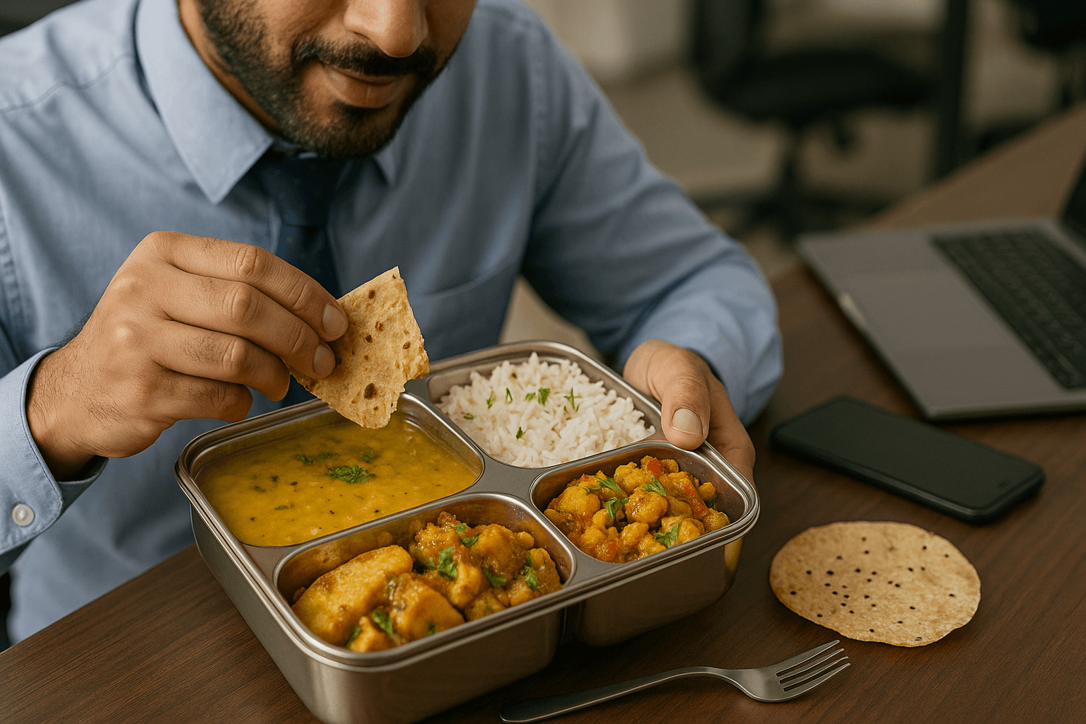 Order corporate meal boxes online | Corporate Meal Boxes “Office lunch with compartmented tiffin box filled with Indian dishes – perfect for corporate and team meals.”