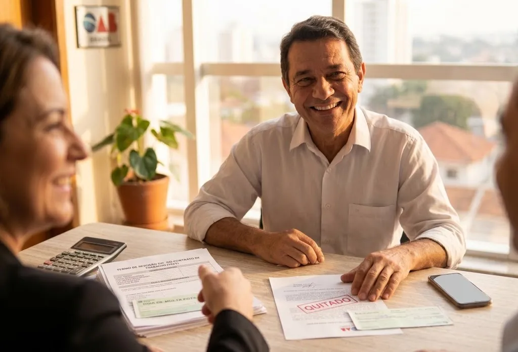 Homem sorridente sentado à mesa de atendimento em um escritório de advocacia, analisando documentos durante uma consulta jurídica.