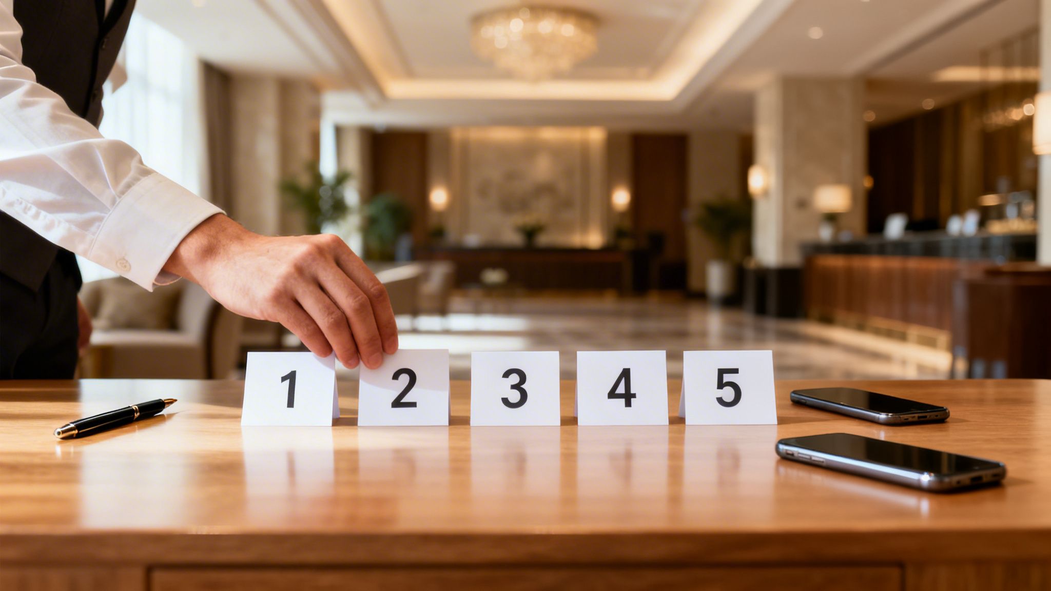 A hand places a numbered card on a wooden table with other cards, a pen, and smartphones in a hotel lobby.