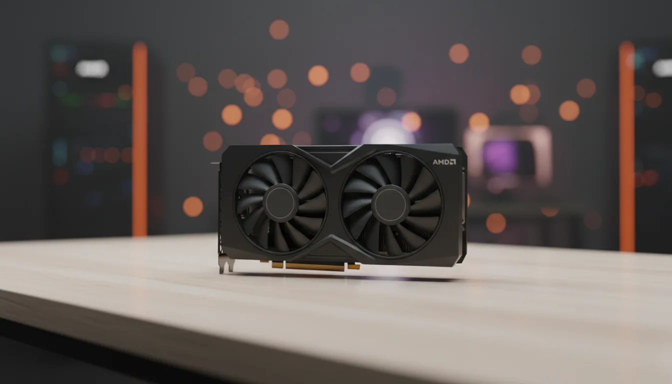 DSLR photograph of a modern black AMD Radeon GPU with a dual-fan design, central focus, shot from a slightly low angle. The graphics card rests on a white surface on a light wood desk. The scene is illuminated by soft studio lighting, highlighting the matte plastic texture of the hardware. The background is heavily blurred with a shallow depth of field, revealing a tech studio environment with soft orange and purple bokeh lights.