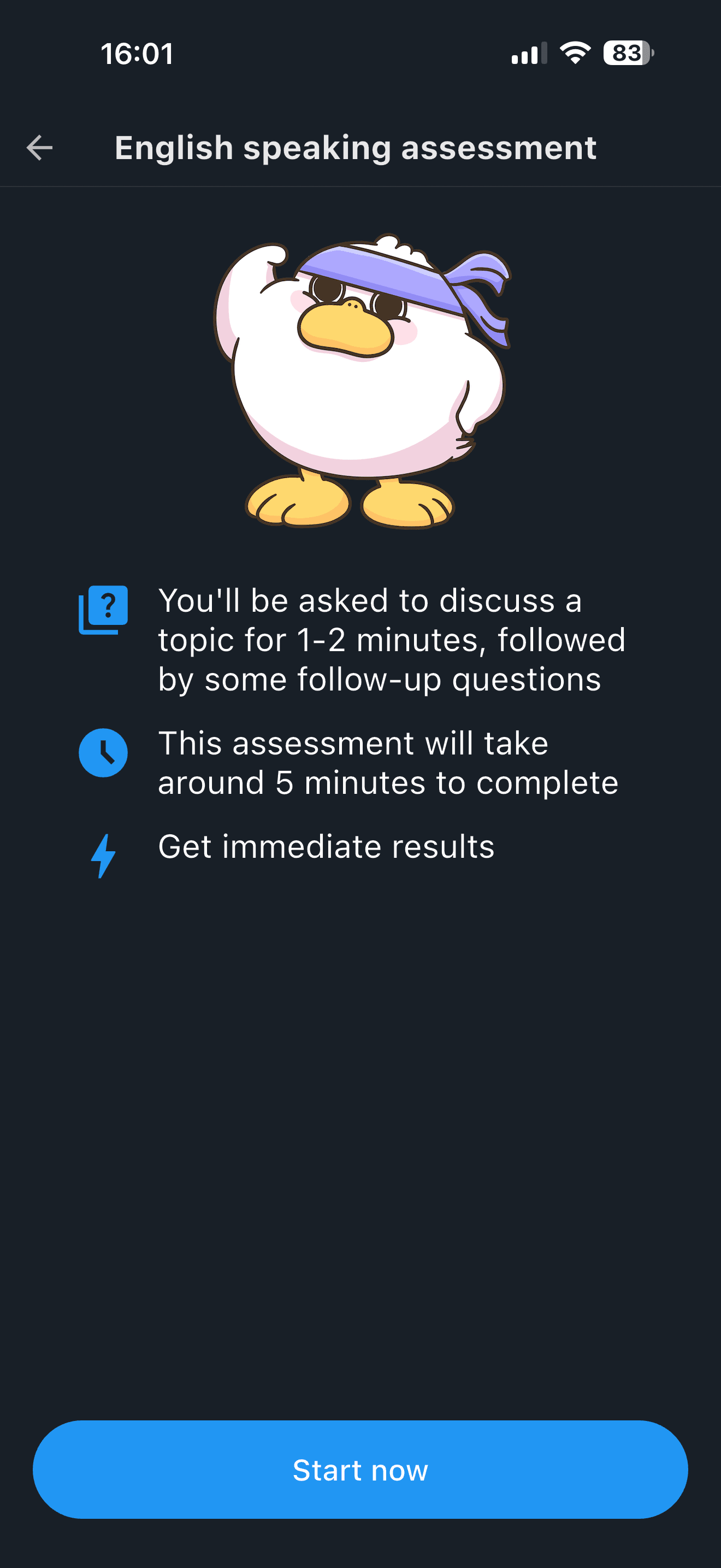 Toko's built-in English speaking assessment. Employees take it from the Profile page, and it takes about five minutes.