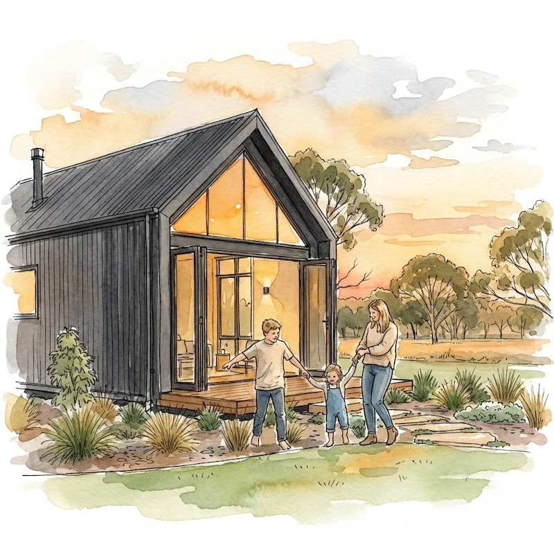 Watercolour images as an icon of a shed house in Australia. It's a house built with RespiraBlock and Hempcrete blocks for a healthy shed house.