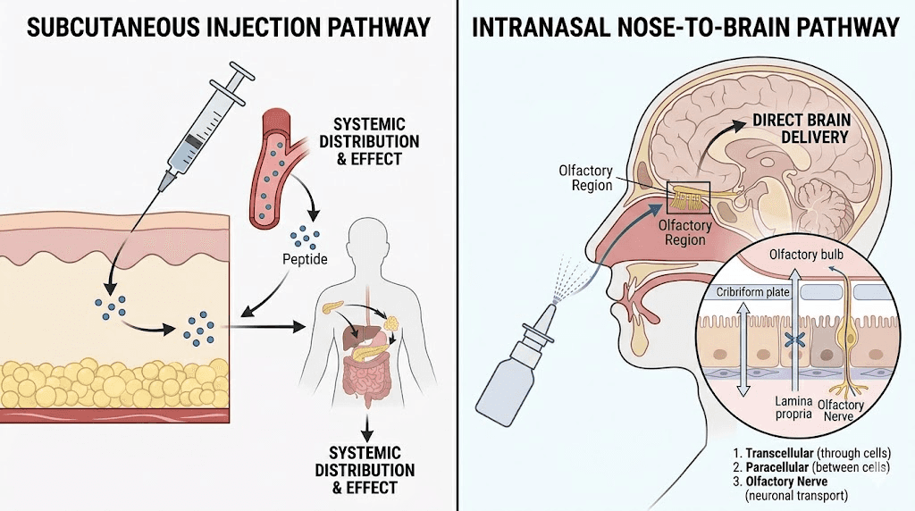 Intranasal versus injection peptide delivery pathway comparison diagram