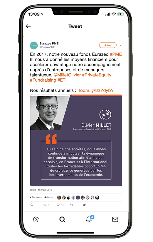 Carte de citation Eurazeo PME avec le portrait d’un homme.