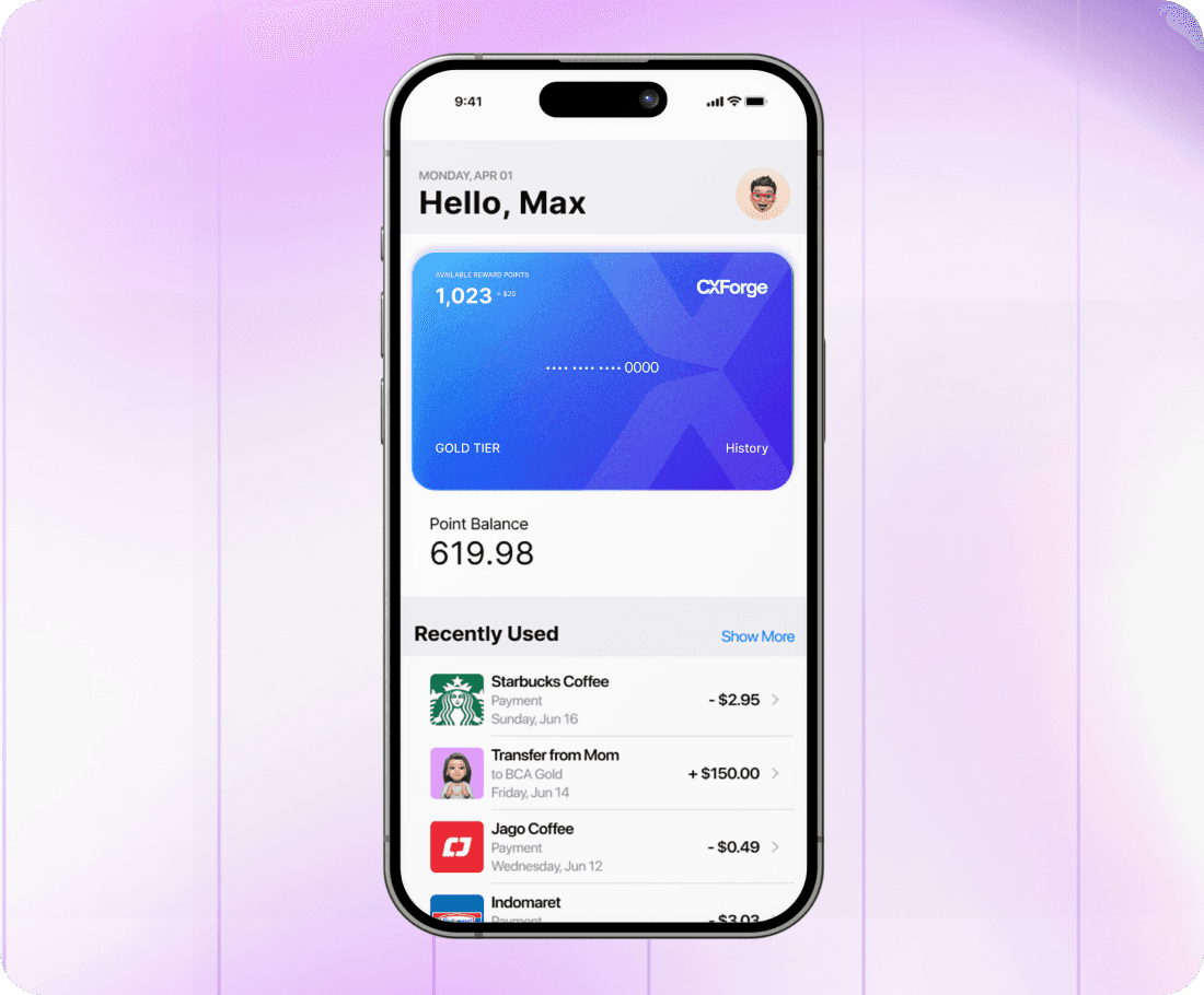 Mobile App interface of  real-time loyalty points,Tier Progress, and Reward Visibility