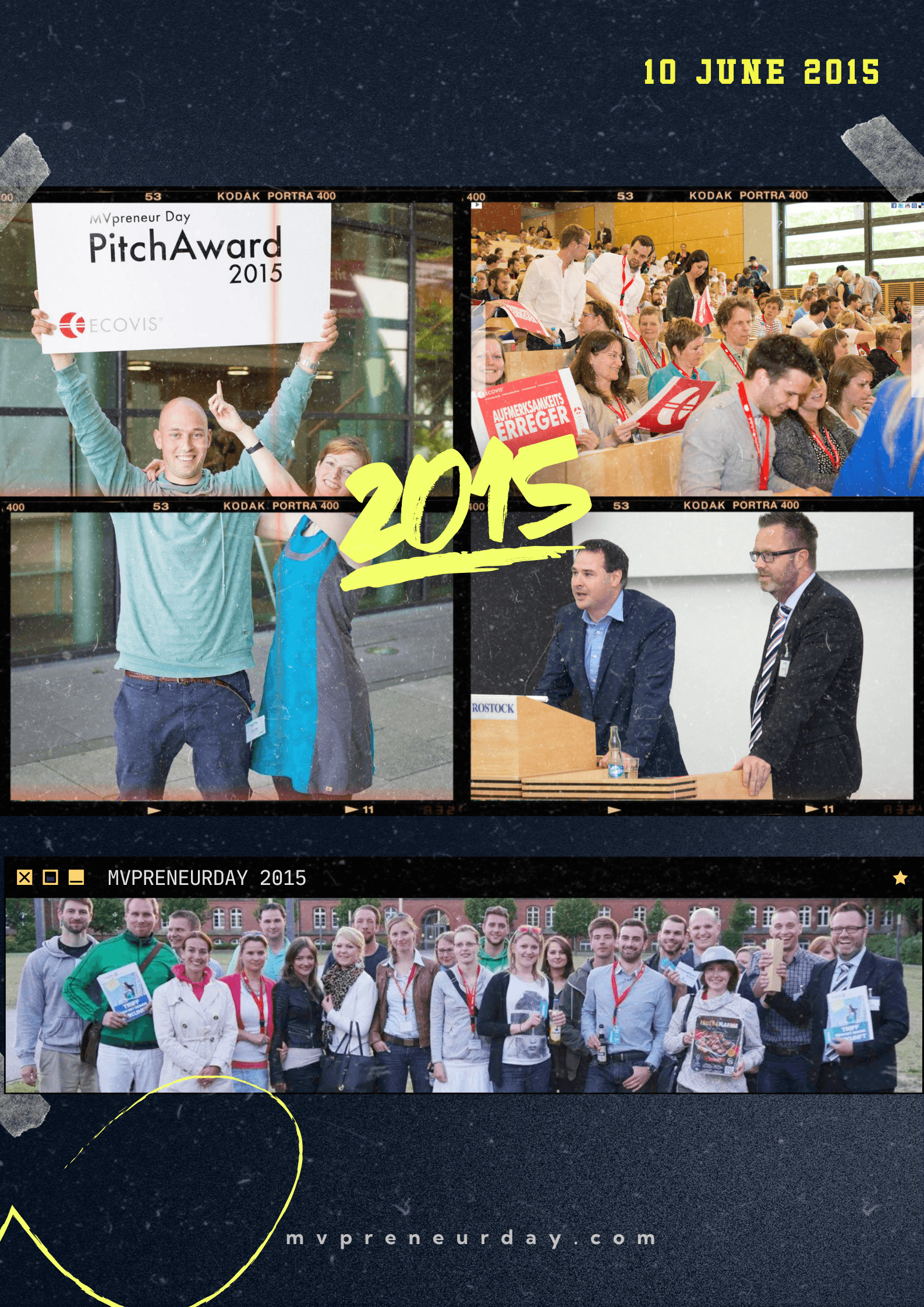 Bilderzusammenstellung vom MVPRENEUR Day 2015: Vorträge, Gruppenfoto, aktive Gespräche. Zahl „2015“ im Fokus.