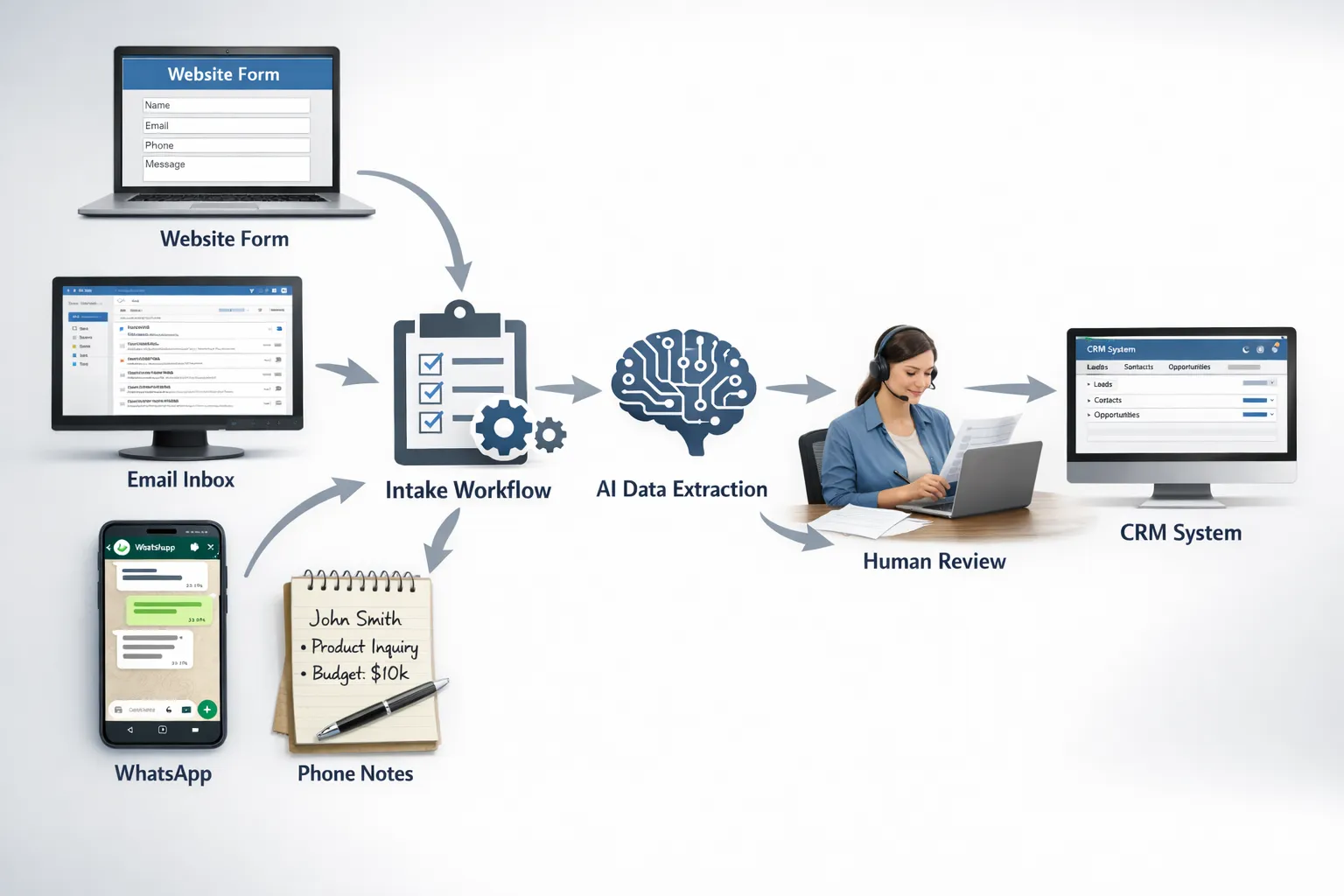 A clear visual of an automated sales intake flow: multiple channels (website form, email inbox, WhatsApp, phone notes) feeding into one intake workflow, then into CRM with an AI extraction step and a human review checkpoint.