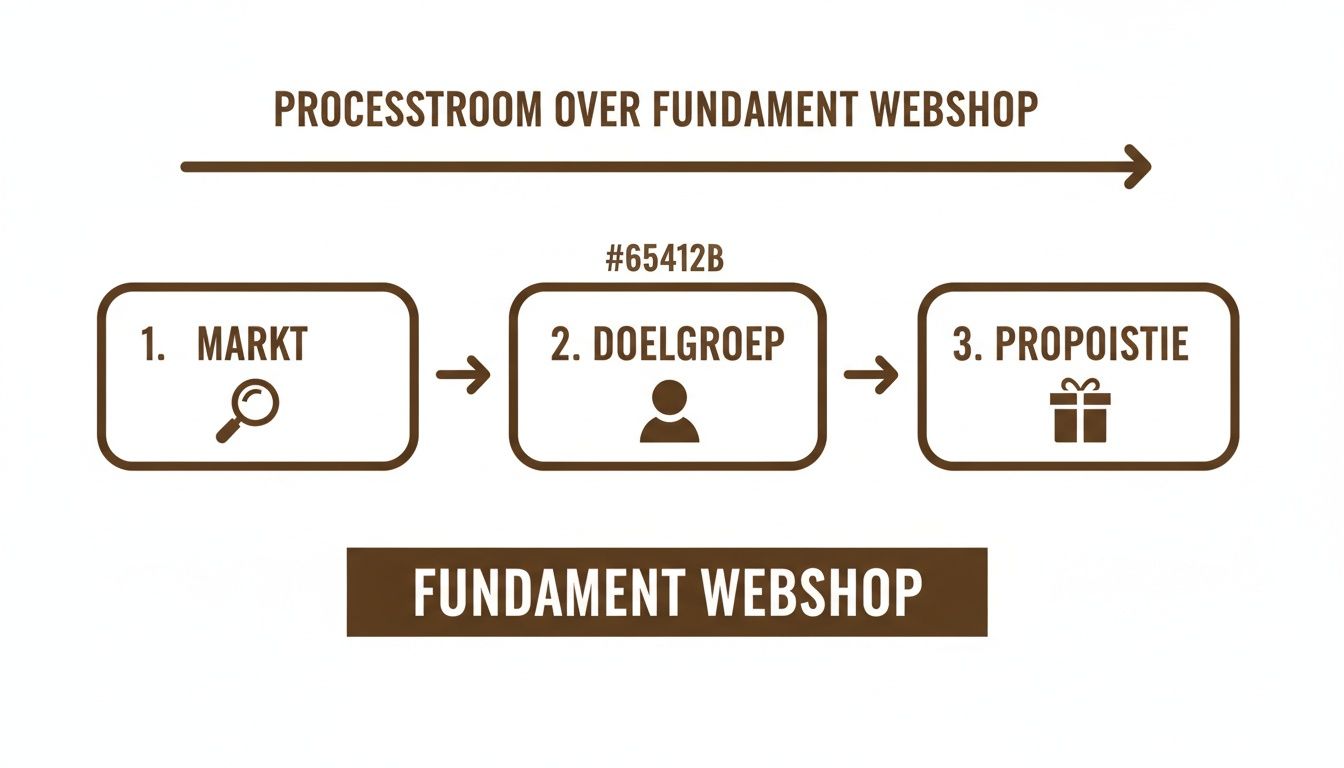 Processtroom diagram voor het fundament van een webshop, met stappen voor markt, doelgroep en propositie.