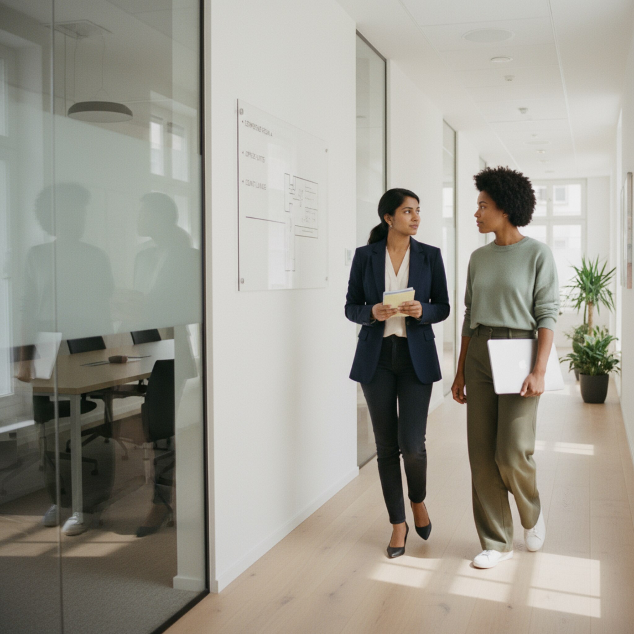 Zwei Kolleginnen treffen sich vor einem Besprechungsraum, tauschen kurz Notizen und gehen weiter. Ein klar beschrifteter Raumplan an der Wand erleichtert die Orientierung. Die Szene zeigt, wie eingespielt Abläufe wirken, wenn Informationen dort verfügbar sind, wo sie gebraucht werden.