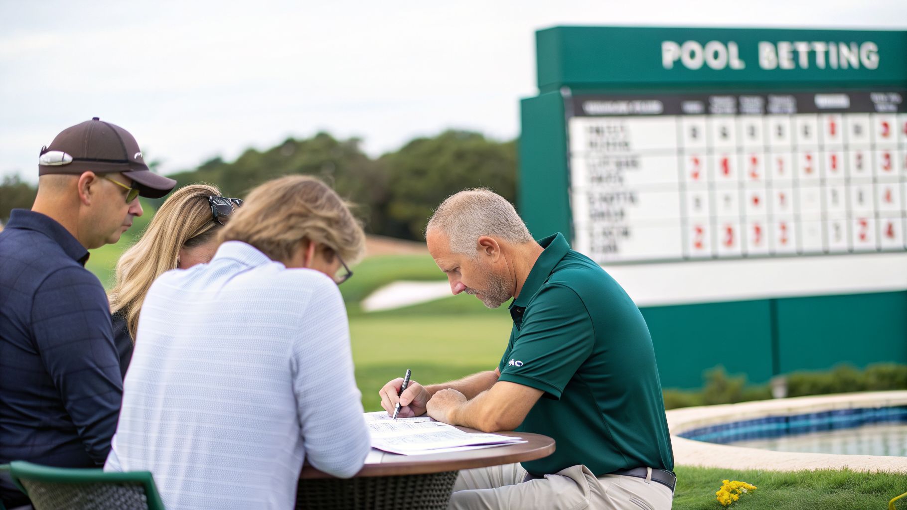 Four people at a table on a golf course, one writing, next to a pool betting scoreboard.