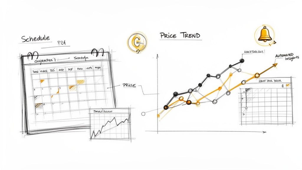 A hand-drawn sketch showing a calendar for schedule and a graph for price trend with automated insights.