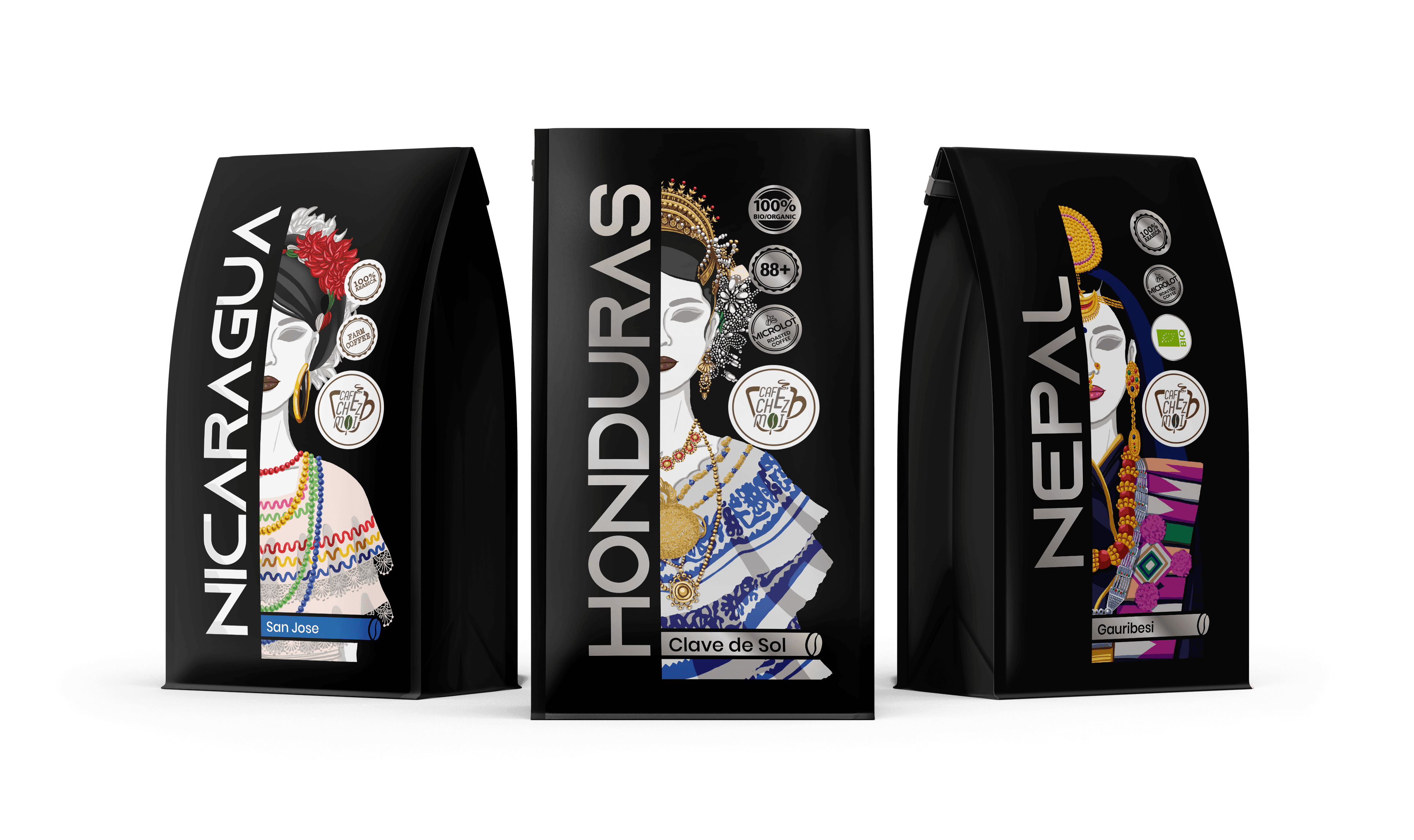 Design de ambalaj / Packaging Design pentru Cafe Chez Moi, cu etichete ilustrate pentru pungi de cafea.
