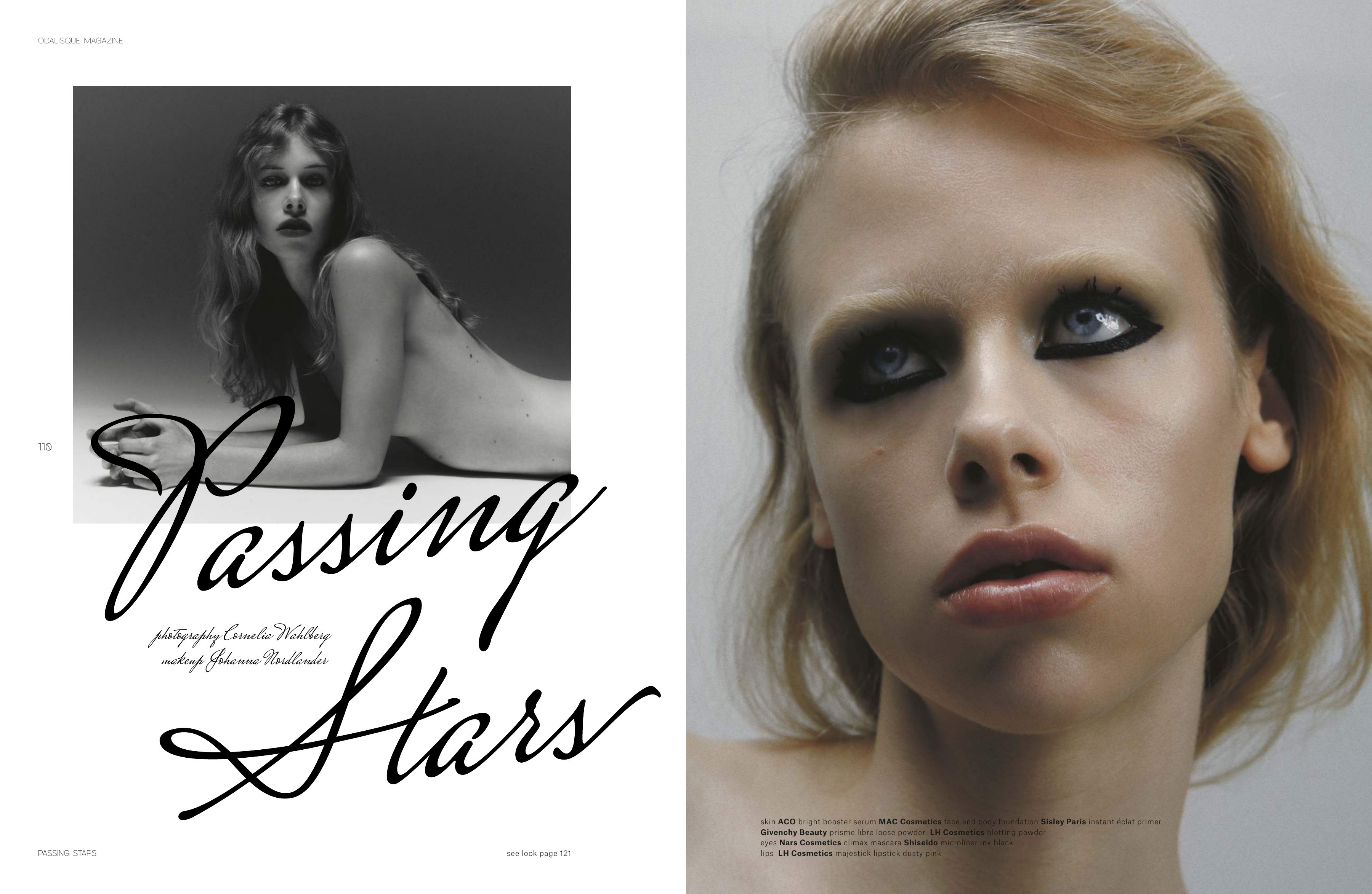 Flowing black script layered over a monochrome beauty portrait beside a colour close-up.