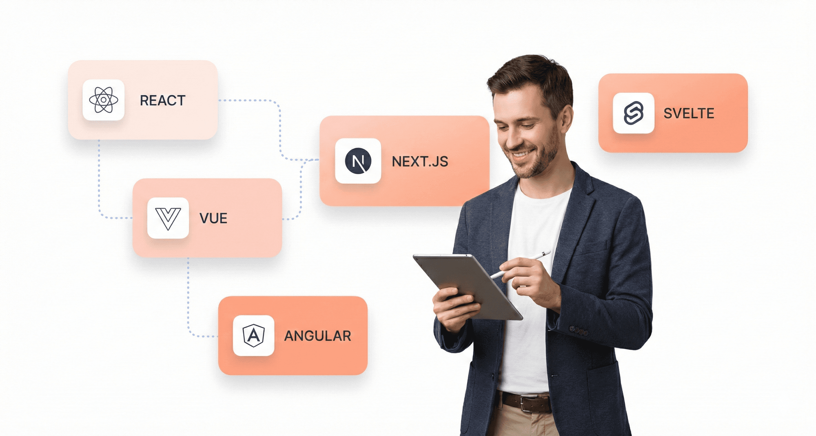 Overview of popular frontend frameworks in 2025 including React, Vue, Angular, Next.js, and Svelte shown as clean UI cards, with a professional tech leader reviewing framework options for modern web development.