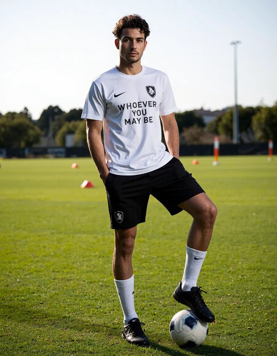 Athletic wear photoshoot featuring a white Nike jersey with "WHOEVER YOU MAY BE" text on a soccer field with a ball at player's feet