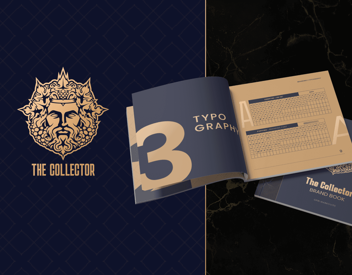 A brand book presentation for The Collector featuring a gold Dionysus emblem on navy blue, typography pages for Karantina and Poppins fonts, and a mockup cover by Ofri Markovits on a dark marble surface.