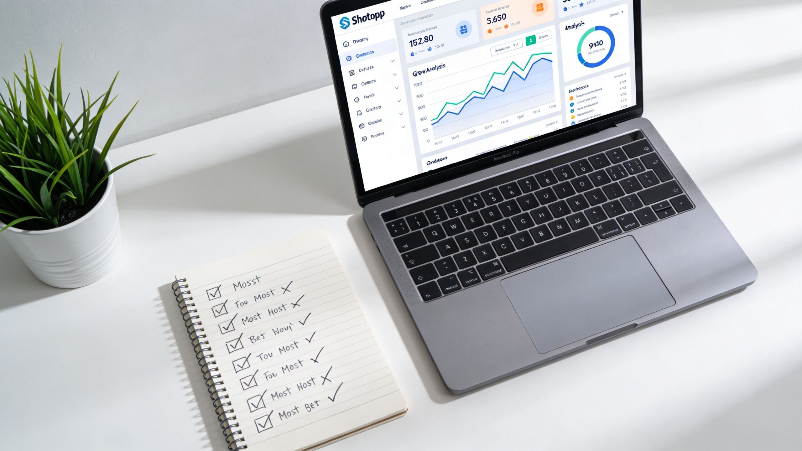 A modern laptop displaying business analytics next to a notepad with a handwritten checklist on a desk.