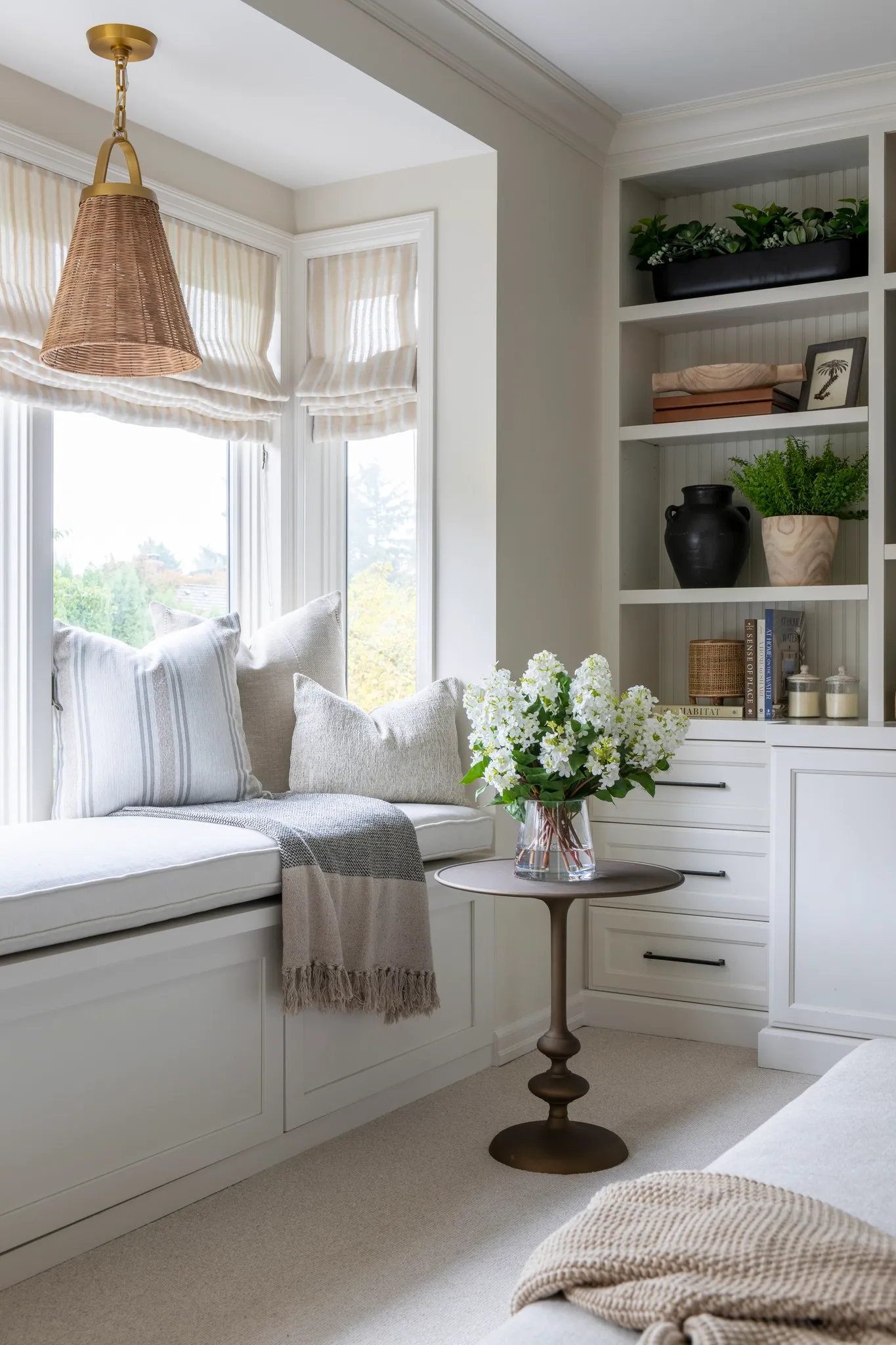 This cozy reading nook is in a remodeled home of Elegant Simplicity Medina WA remodel.  Elegant Simplicity is a full service interior design firm.