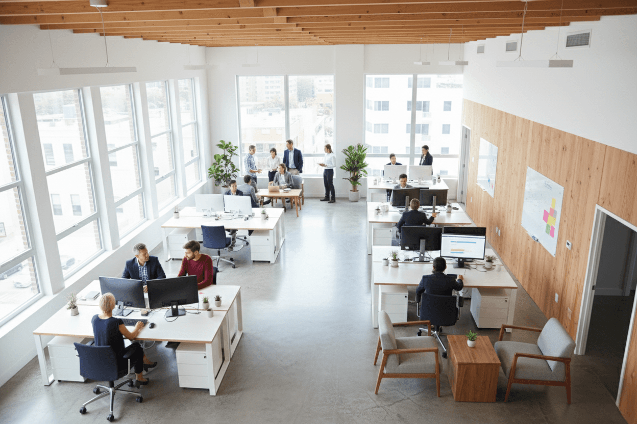 Modern office interior with tall arched windows, plants, and soft seating in white and terracotta tones.