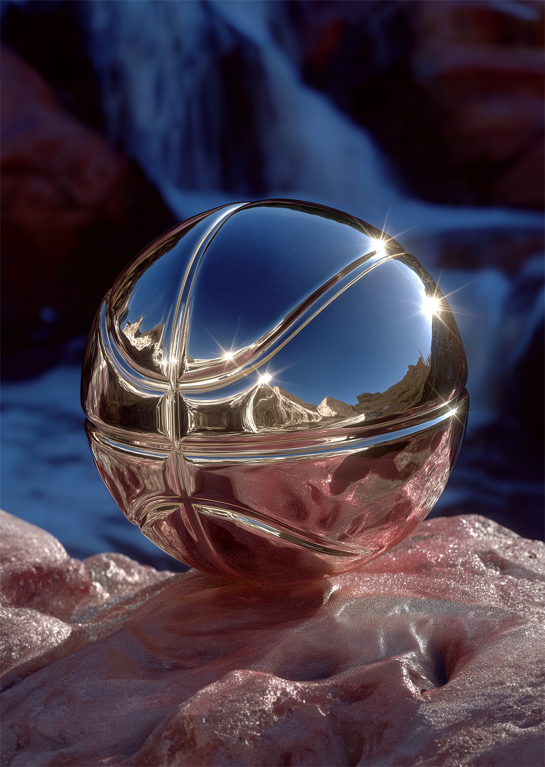  Editorial visual – mirrored chrome sphere with cross-shaped glass elements, resting on rose-coloured rock against a waterfall, with sharp star-shaped highlights.