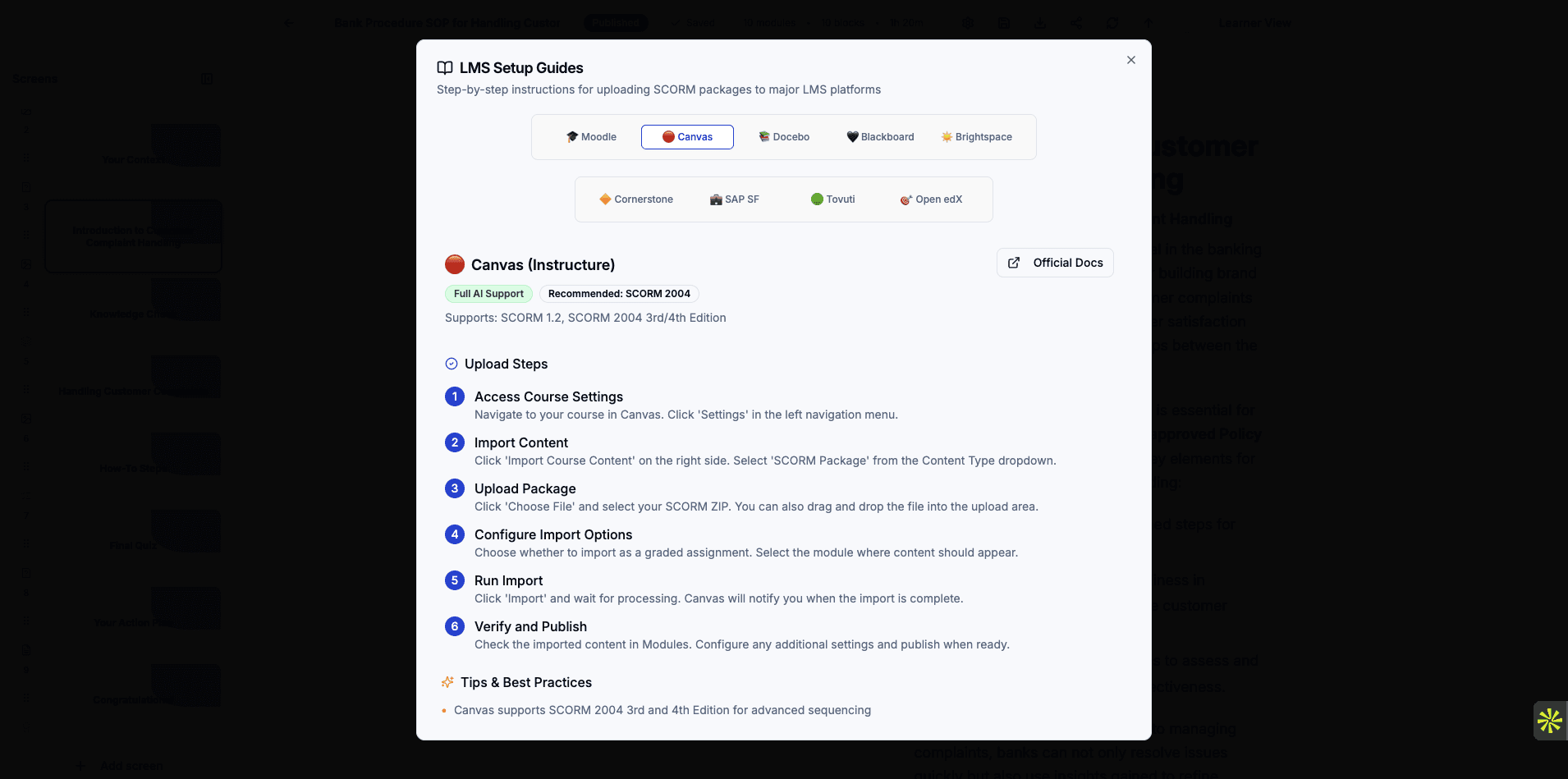 Switch to the Docebo tab to review upload steps for Docebo LMS.