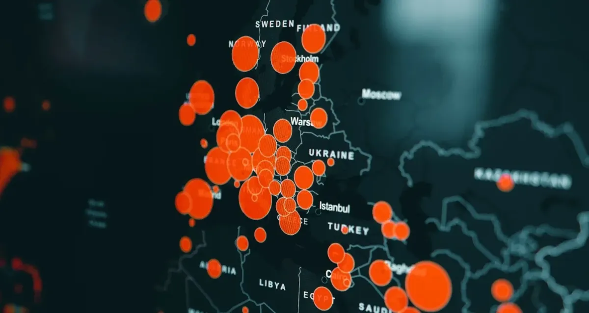Dark map of Europe and the Middle East marked with orange data bubbles.