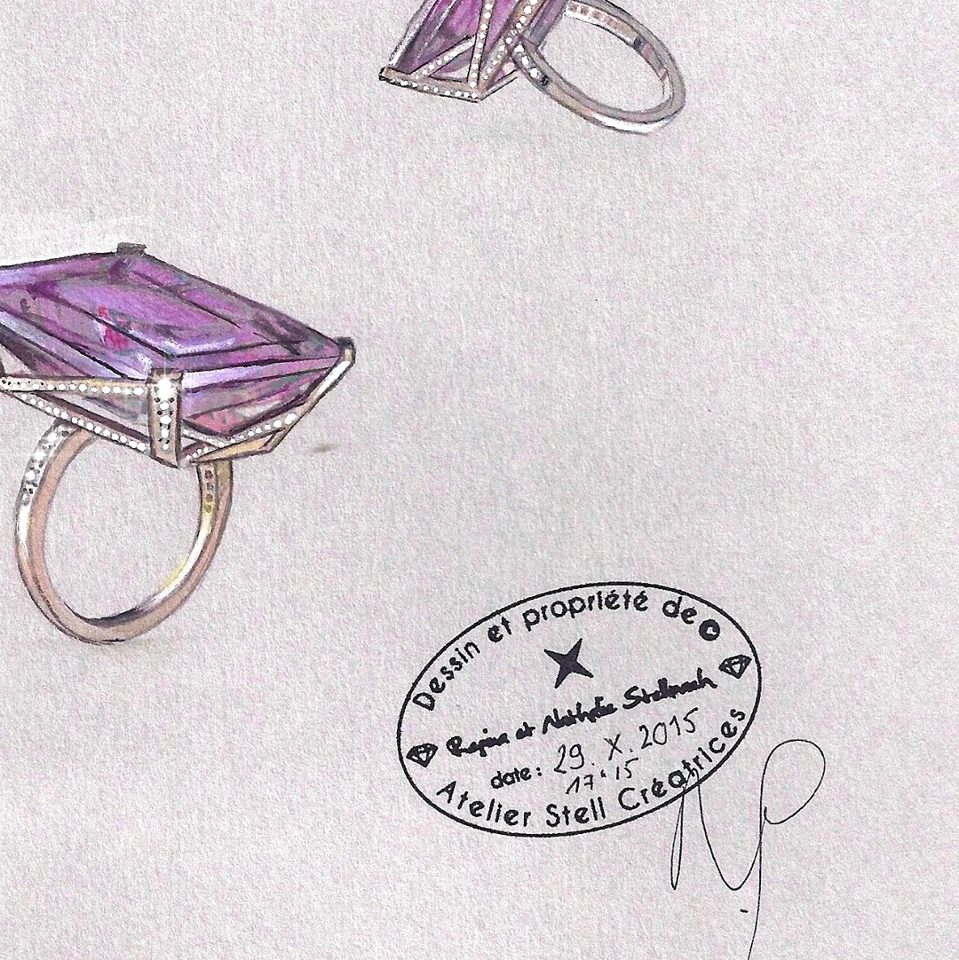 Croquis de création joaillière avec bague améthyste et tampon de propriété Atelier Stell Créatrices — papeterie de marque pour atelier de joaillerie sur-mesure à Toulouse, Tartelette Concept