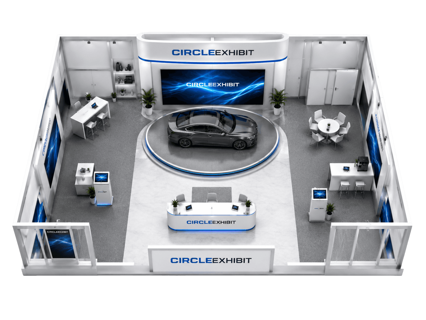 30x40 booth layout with main attraction zone, vehicle display, branded graphics, and open visitor flow