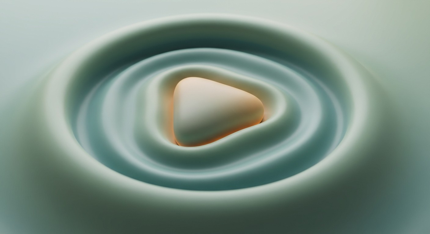 एक शांति प्रदान करने वाली 3D illustration जिसमें एक smooth play button को rippling teal basin के केंद्र में दर्शाया गया है, जो video learning library को दर्शाता है।