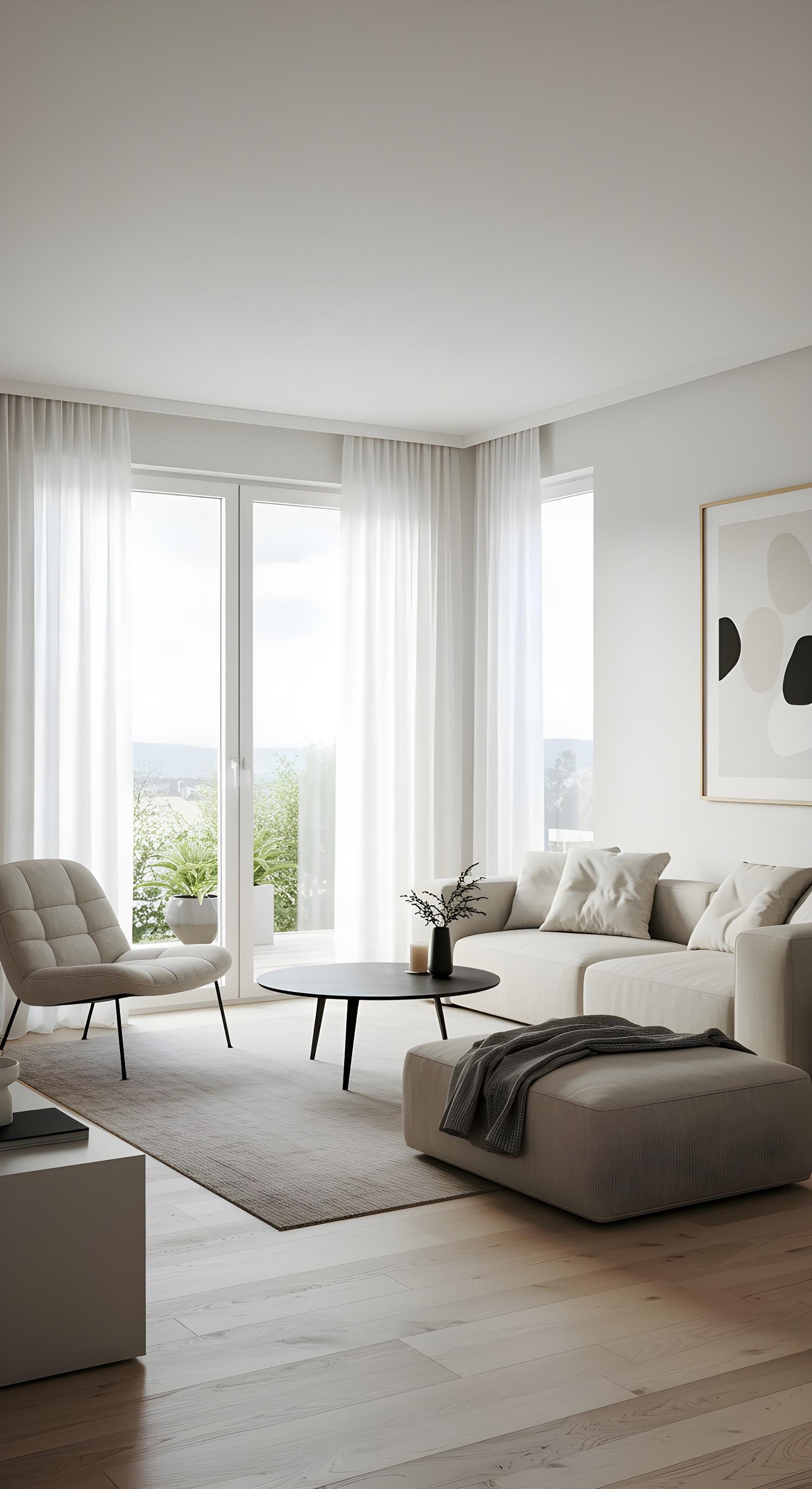 Spacious modern living room with large windows and furniture